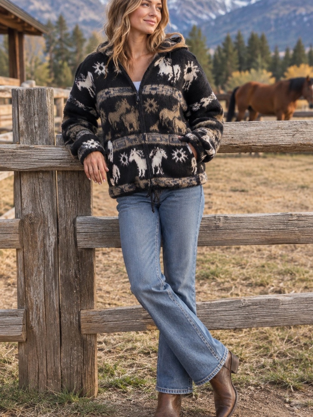 Vintage Inca Importing made in
Ecuador Horse Print Hooded Zip Sweater/Jacket L